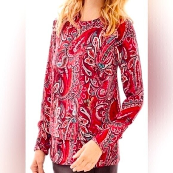 J. Jill Layered Red Paisley Top Blouse Long Sleeves Tunic Size Small EUC - Picture 2 of 12